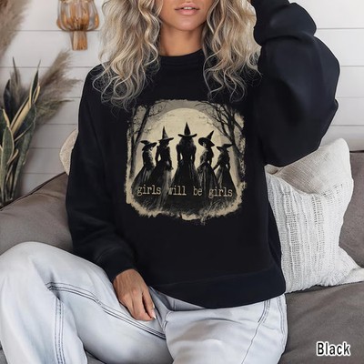 Vintage Girls Will Be Girls Witch Sweatshirt Halloween Spooky Cute