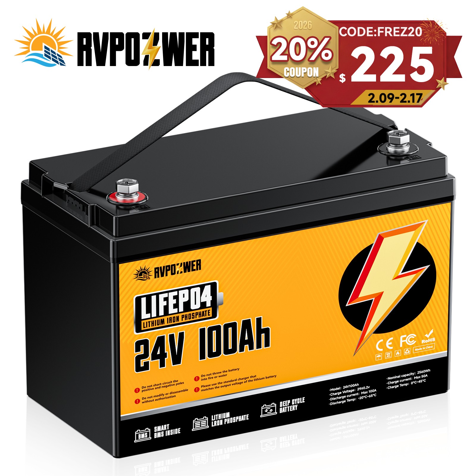 RVPOZWER 24V 100Ah LiFePO4 Lithium Battery Deep Cycle For Boat Home Marine RV