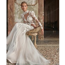 Vintage Mermaid Wedding Dresses High Neck Lace Applique Full Sleeve Ball Gowns