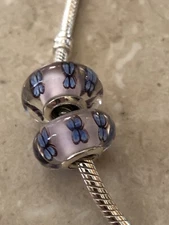 2 Authentic Pandora Pink Butterfly Glass Murano Charms