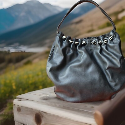 ESCADA: Black, Leather & Beaded Logo Shoulder/Hobo Bag