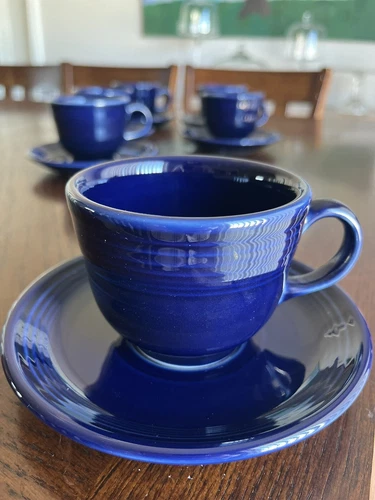 6 Vintage Fiesta Cobalt Blue Cups And Saucers Fiestaware Mugs Plates