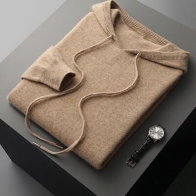 Men 100% Wool Sweater Hooded Sweater Solid Color Cashmere Hoodie Warm Sweatshirt