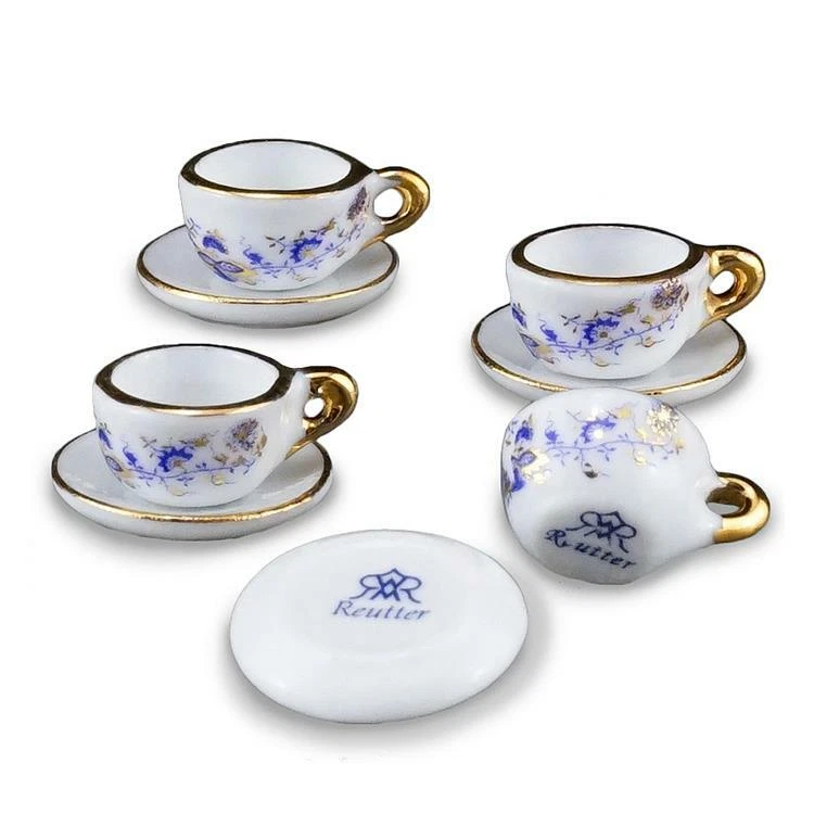 MINIATURE DOLLHOUSE 1:12 SCALE REUTTER SET OF 4 TEACUPS BLUE ONION - 1.365/5