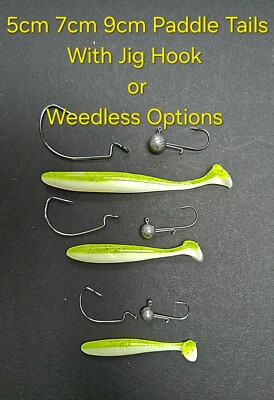 Gelb x 10 Shad Paddelschwanz Softköder 5cm 7cm 9cm Haken Unkrautfrei oder Jigkopf