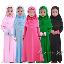 2PCS Muslim Girls Hijab Abaya Prayer Dress Full Body Kids Robe Gown Ramadan Sets