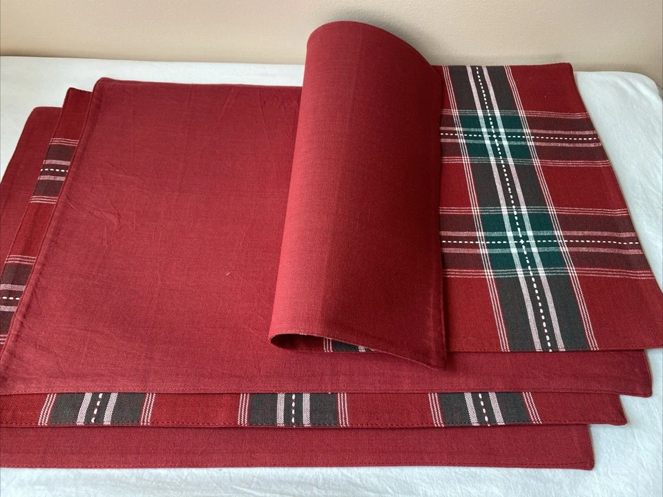 Set of 4 Red & Green Cotton “Lodge Plaid” Christmas/Holiday Reversible Placemats - Image 4 of 4