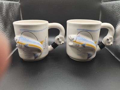 2 Emson Fish and Fishing Reel Coffee Mug Cup 3D White Vintage Embossed Sportsman