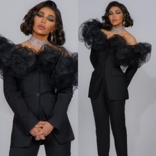 Black Fashion Women Suits 2 Pcs Party Wedding Prom Tulle Ladies Outfit Set