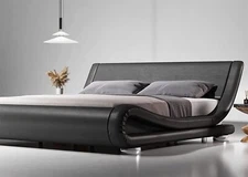 King Bed Frame, Sleigh Bed with Faux Leather Ergonomics Headboard, Black