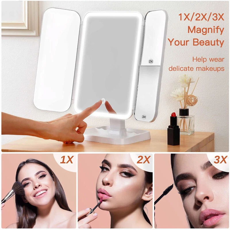 Foldable and portable LED vanity mirror with 3-colour lighting.