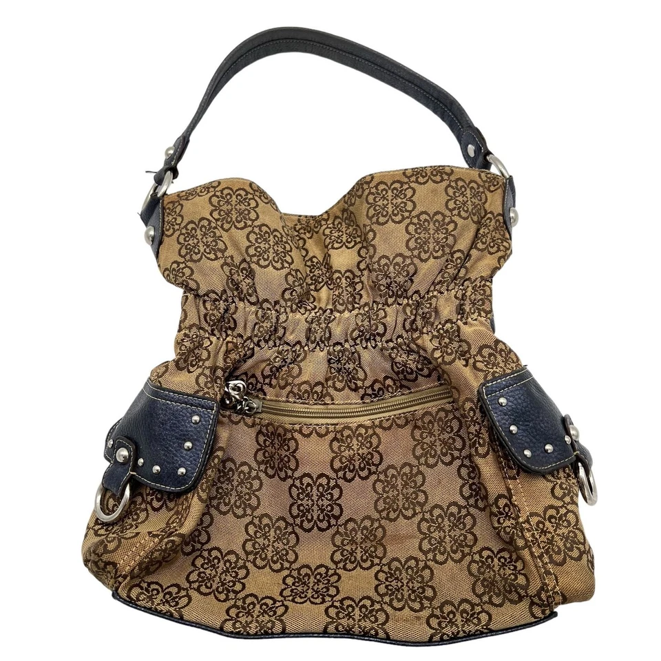 Kathy Van Zeeland Handbag Satchel Purse Gold Navy Elastic Durable Silver Accents - Image 2 of 4