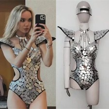 Mirror Bodysuit Women Dance GoloSilver Sequins Fly Shoulder Hollow Out Rave