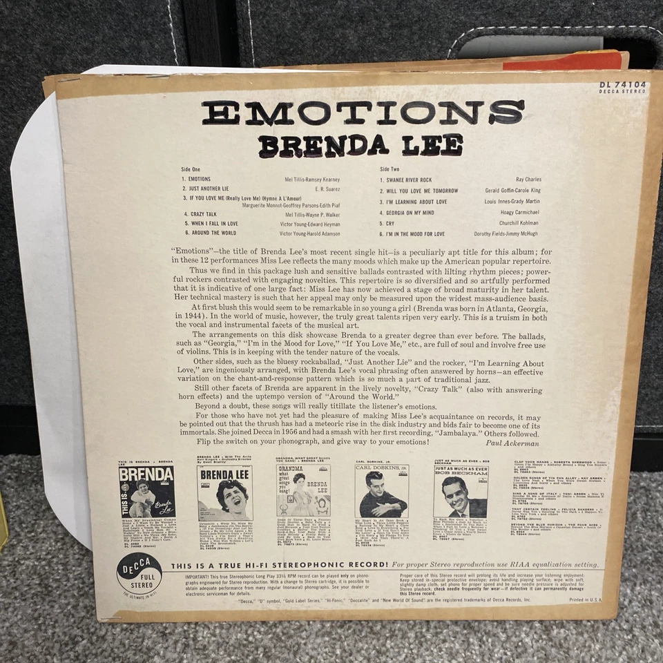 BRENDA LEE- EMOTIONS LP (1961) DECCA RECORDS DL 74104 Vinyl VG+ - Image 3 of 4