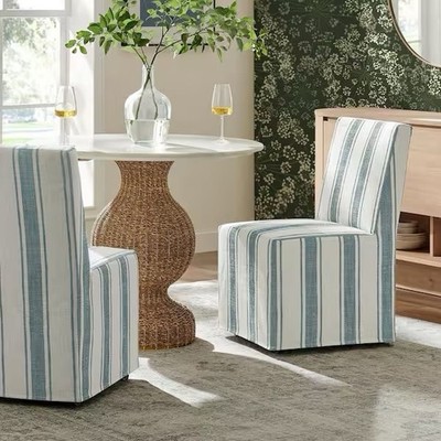 MODWAY Tessera Striped Slipcovered Dining Side Chair in Blue Stripe
