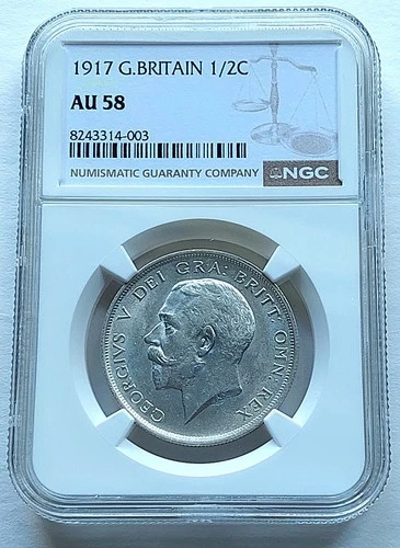 1917 Great Britain 1/2 Crown , NGC AU 58 , nice silver coin       #2081, # 69-06