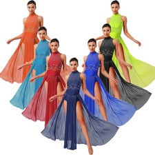 US Womens Dancewear Dance Dresses Leotard Dress Ballroom Rhinestone Gymnastics