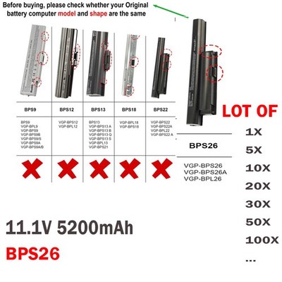 LOT Battery BPS26 For SONY VAIO CA CB EG VGP-BPS26 VGP-BPS26A VGP-BPL26 5200mAh