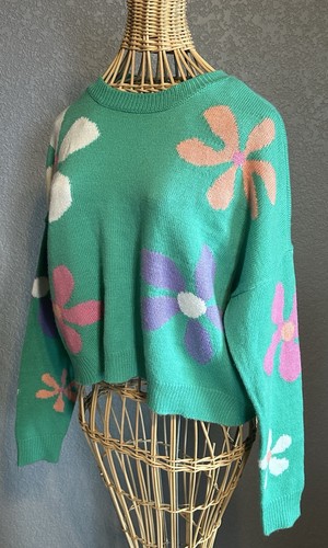 Full Tilt 60’s Style Flower Power Tilly’s Women's XXS Green Boxy Oversized - Picture 2 of 12