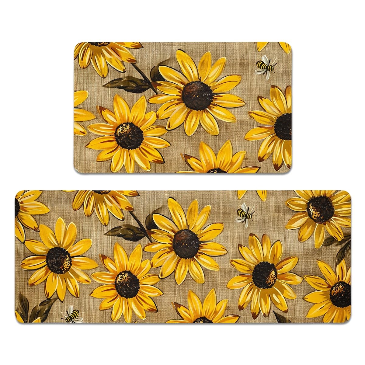 Sunflower Kitchen Rugs Set of 2 - Farmhouse Country Washable Non-Slip Linen F...