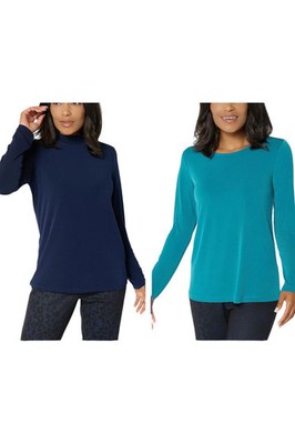 Susan Graver Women's 2pk Liquid Knit Tops Teal/Navy