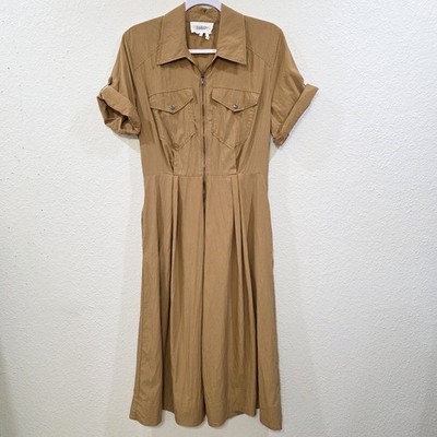Ba&sh Piper Dress Sz M Camel Brown Short Sleeve Roll Tab Utility Full Midi Zip