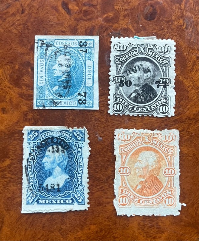 Four Old Mexico Stamps: #94 imperforate, #107, #119c, #109 mint 1800s