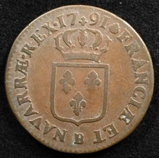 France 1 Sol 1791B, Coin, Inv#H616