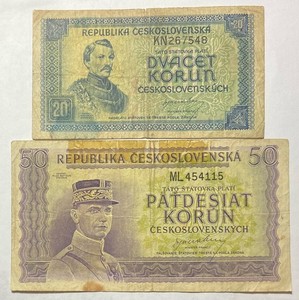 1945 Czechoslovakia 20 & 50 Korun Banknotes Combine Shipping