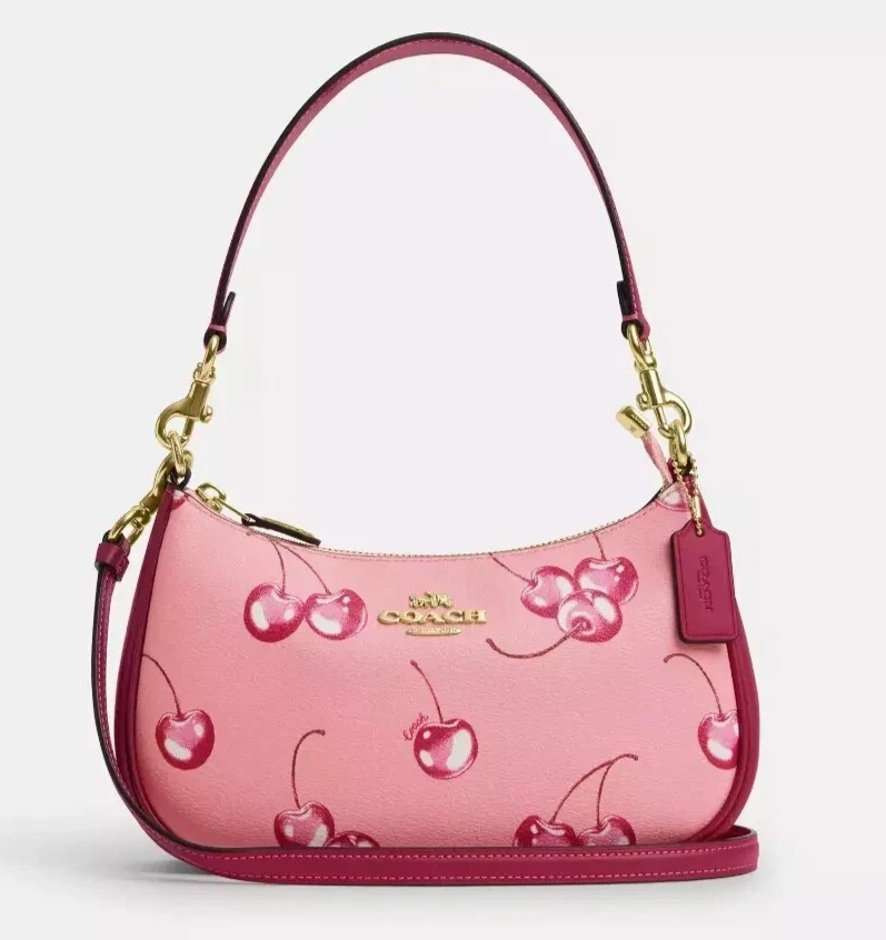 COACH Teri 2way Shoulder Bag Pink Canvas Leather Cherry Print