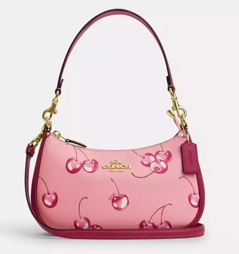 COACH Teri 2way Shoulder Bag Pink Canvas Leather Cherry Print CR290 Outlet New - Picture 1 of 16