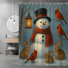 Winter Wonderland Snowman Shower Curtain with Cardinals and Bunnies