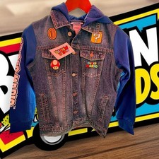 Super Mario Bros Denim Hoodie Jacket Nintendo Blue Boys Size 10/12 NWT