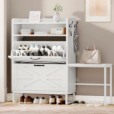 Farmhouse Shoe Storage Cabinet with 2 Flip Drawers Shoe Organizer for 16 Pairs