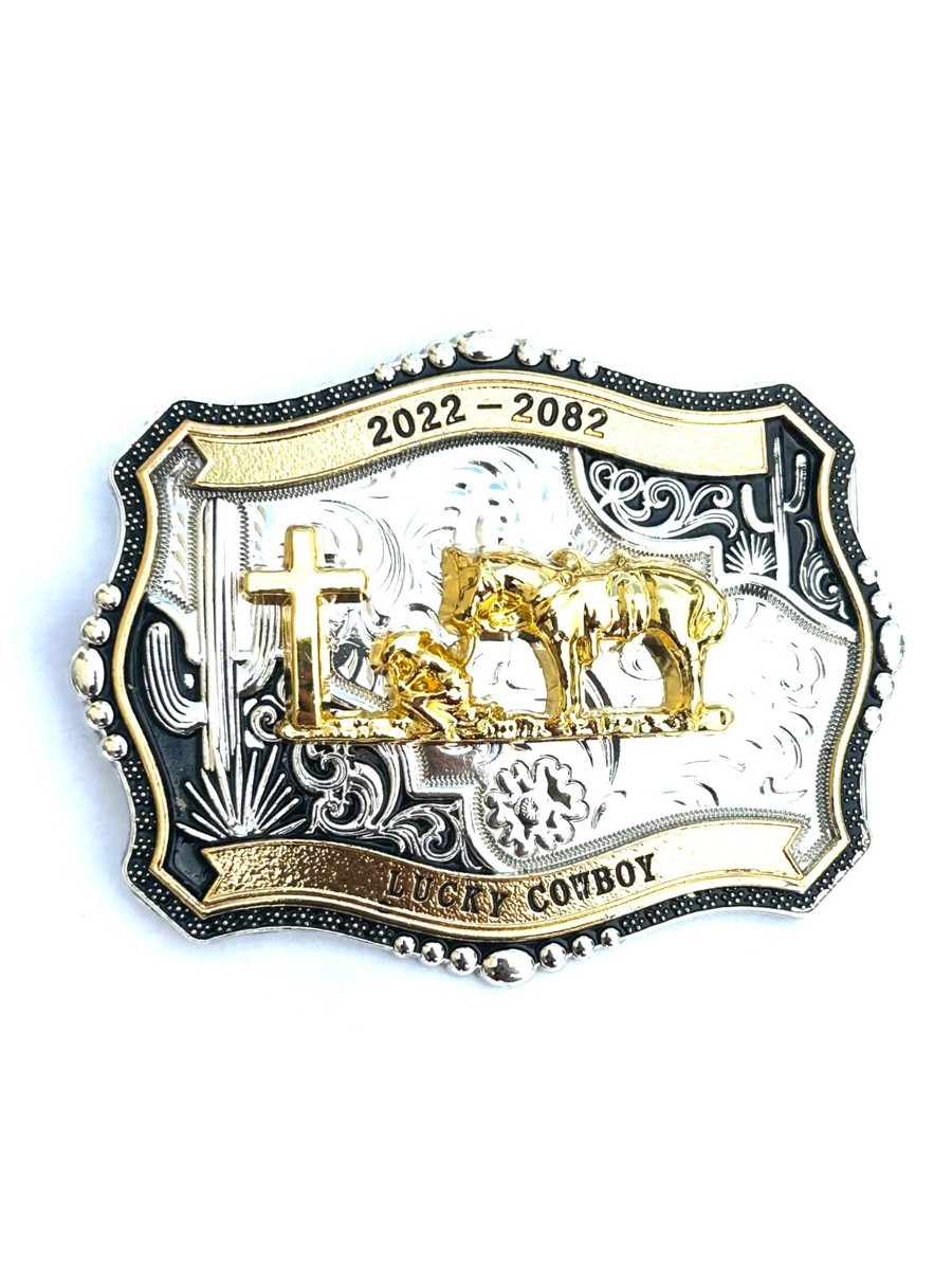 Western Buckle Gold Black Silver Cowboy Prayer Cowboy 2''Buckle