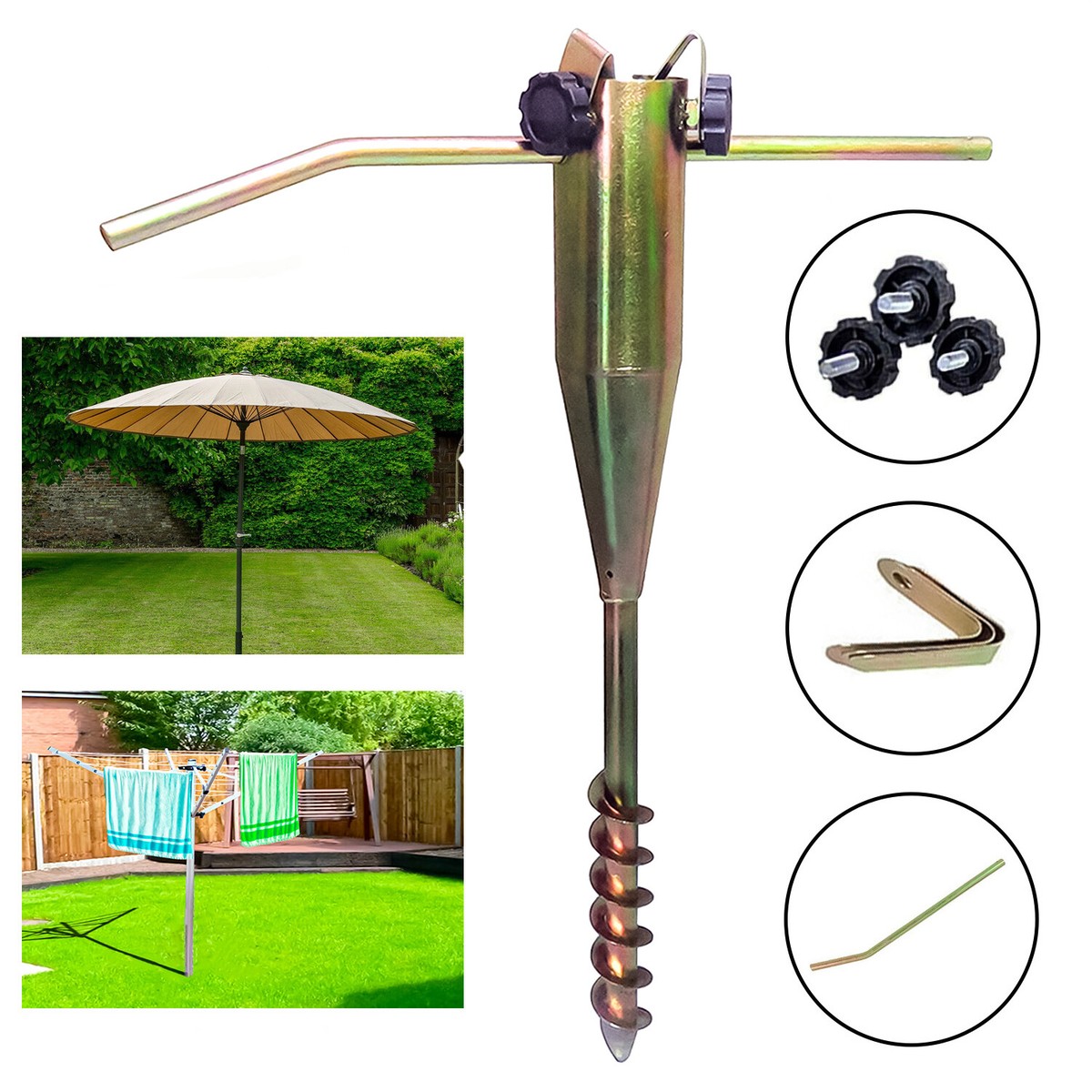 HEAVY DUTY STEEL SCREW IN GROUND SPIKE PARASOL AIRER ROTARY