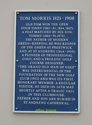 Foto 6x4 blaue Gedenktafel zum Gedenken an Tom Morris an der Wand des New Gol c2019