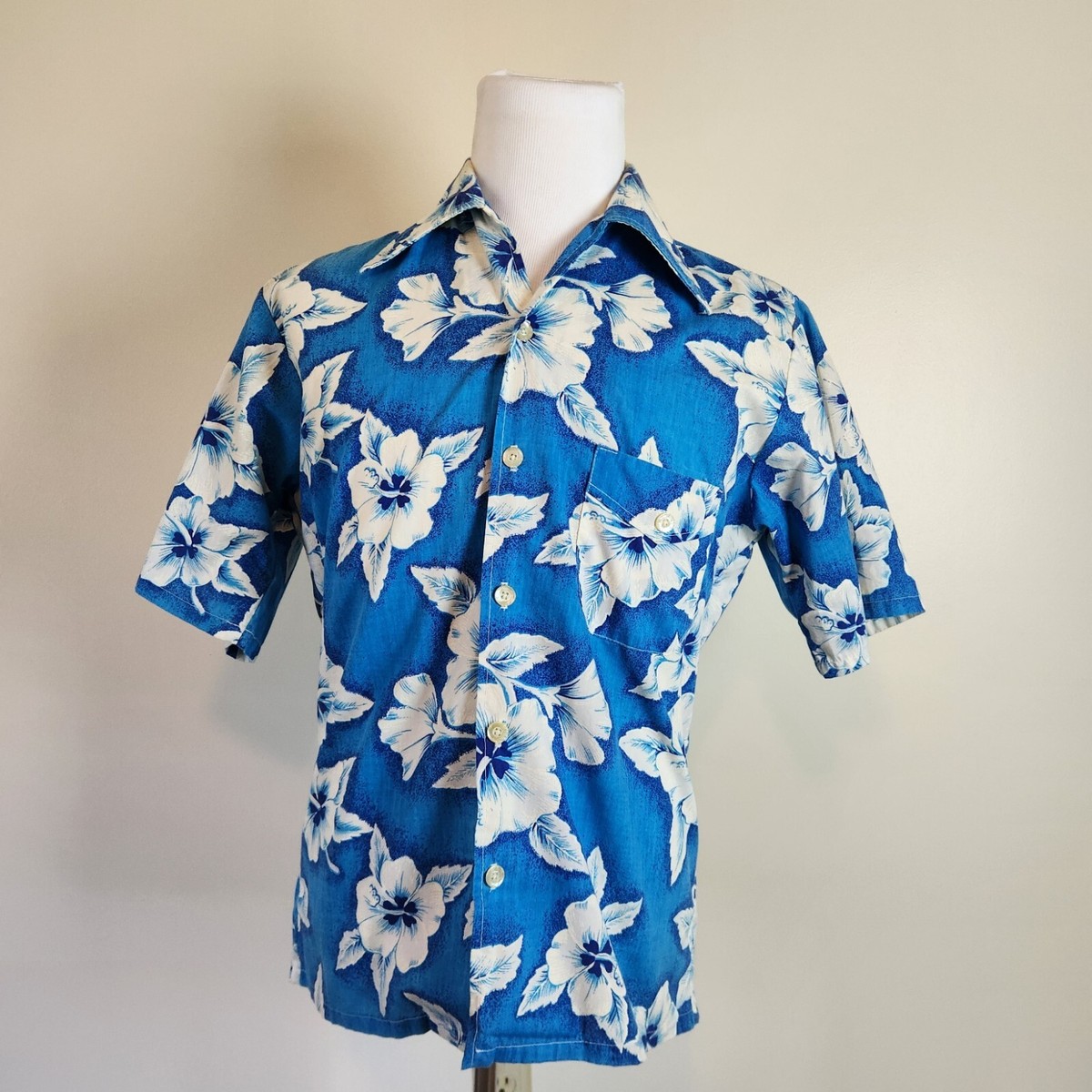 Vtg Sunwear Florida Miami Hawaiian Shirt Button Up Blue White 60s 
