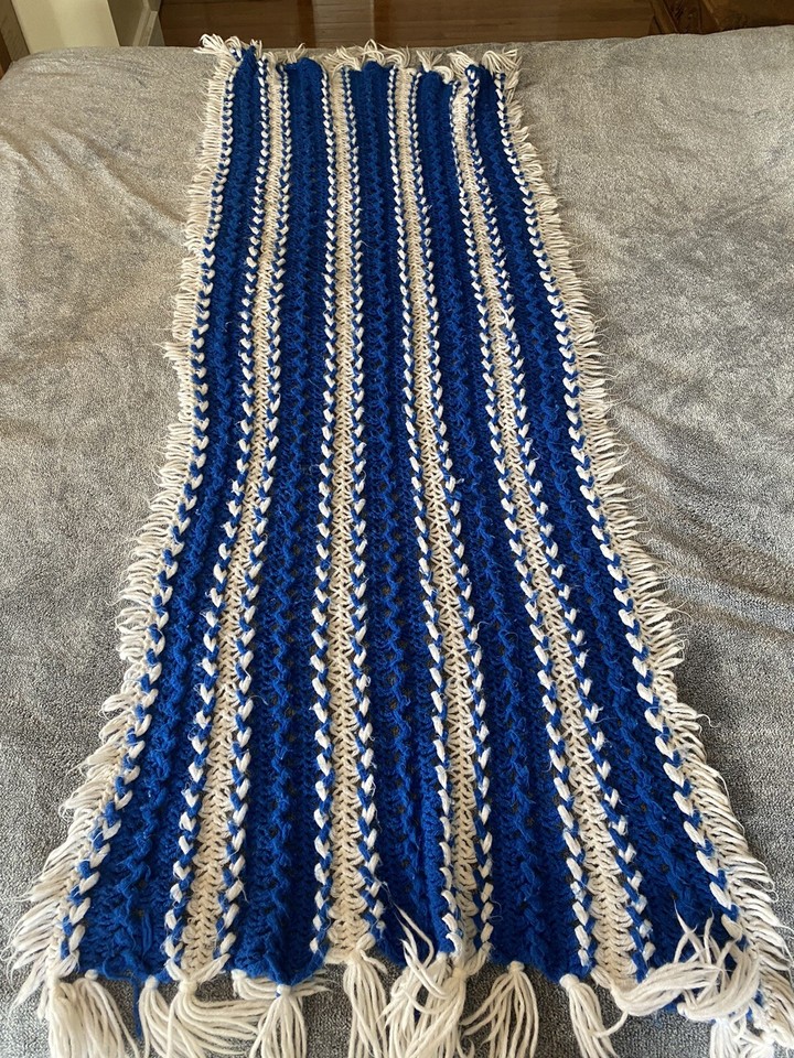 Colorful Handmade Afghan Blue Stripe Throw blanket Granny Chic 72” X 26
