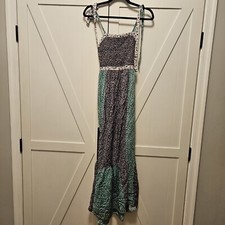 Urban Outfitters Lychee Mix Print Maxi Dress Sz 0 Smocked Halter Top Tie Back