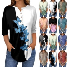 Women Short Sleeve T-Shirt Vneck Loose Tee Button Shirt Classic Spring