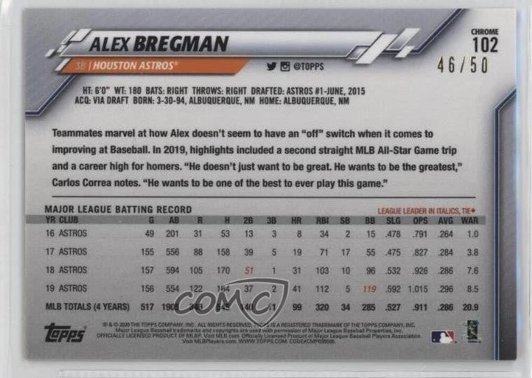 2020 Topps Chrome Gold Refractor /50 Alex Bregman #102 - Image 2 of 2