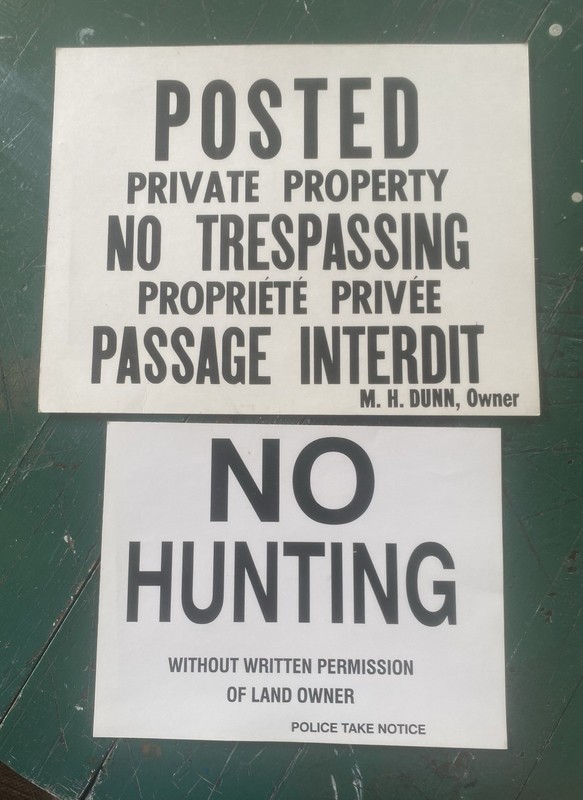 Lot of 2 Signs Private Property & No Hunting  Newport VT Area M. H. Dunn C. 1970