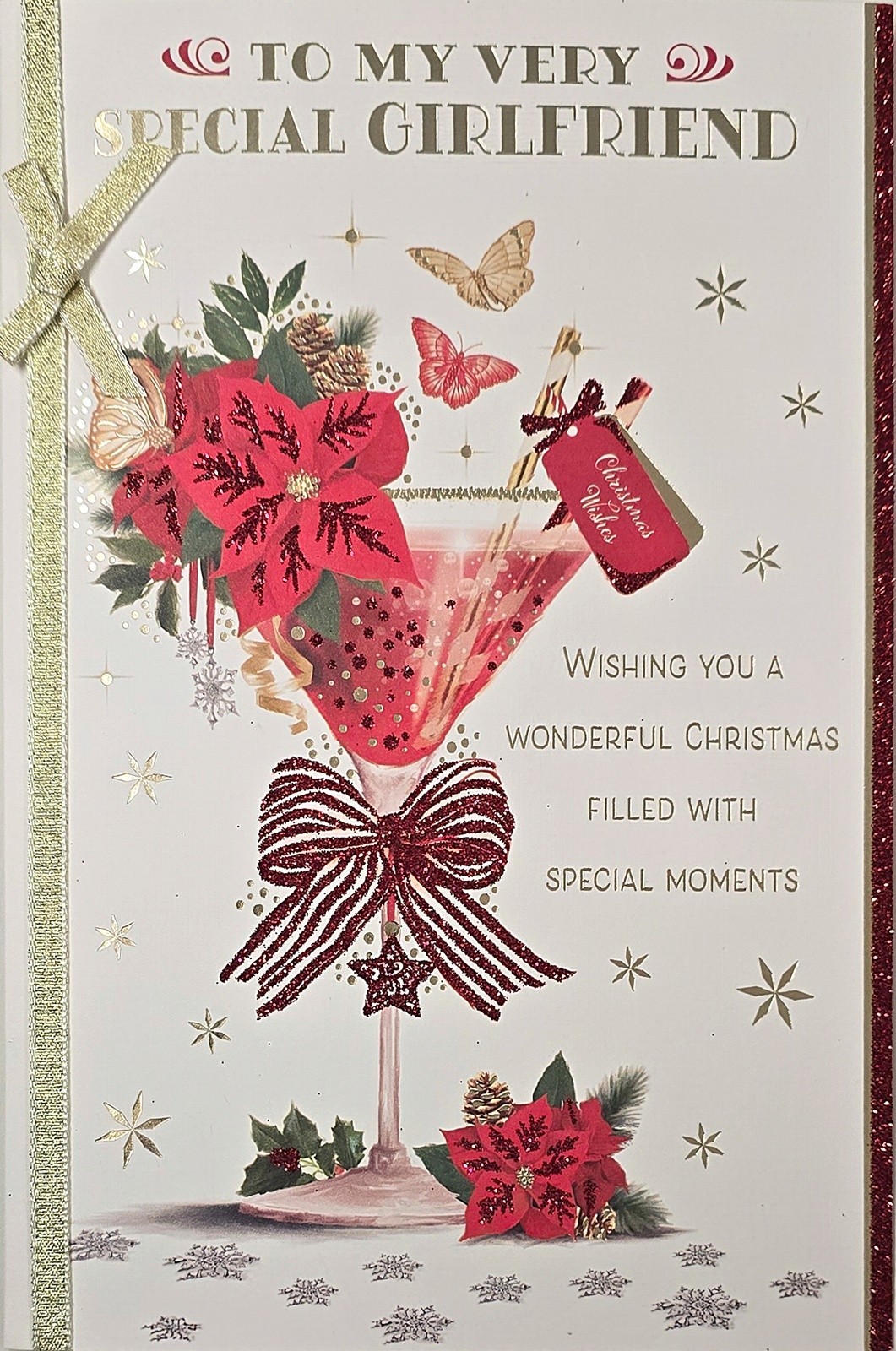Merry Happy Christmas Card to a Very Special Girlfriend Cocktail Glass Glitter