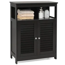 Costway Bathroom Storage Cabinet Wood Floor Cabinet w/ Double Shutter Door Black