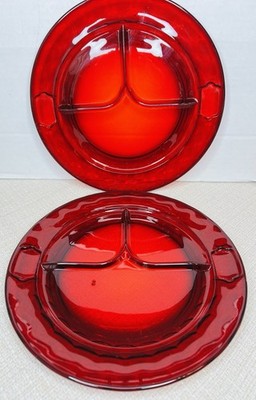 Vtg 2 Ruby Red Glass Divided Grill 11'' Plate Section Platter Fenton Georgian