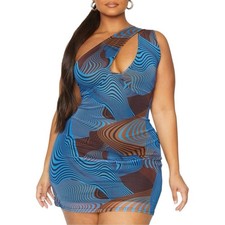 PrettyLittleThing Blue Contour Print Mesh One Shoulder Bodycon Dress Size 14