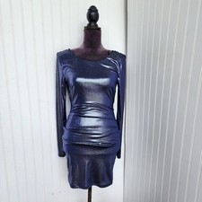 NWT Windsor Navy Blue Metallic Pencil Dress Long Sleeve Stretch Bodycon Bling S