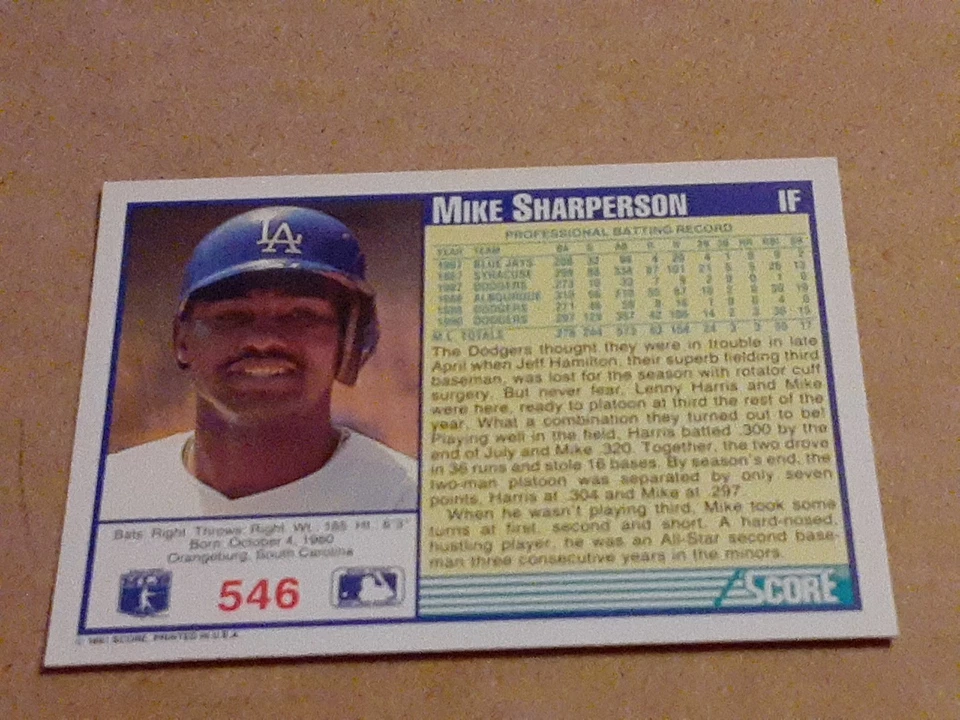 Mike Sharperson Los Angeles Dodgers 1991 Score #546 MLB Baseball Card LEFT FIELD - Image 2 of 4