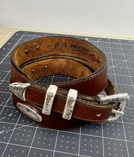 Brighton Mens Size 42 Brown Leather Silver Accents Western Ornamental Taper Belt